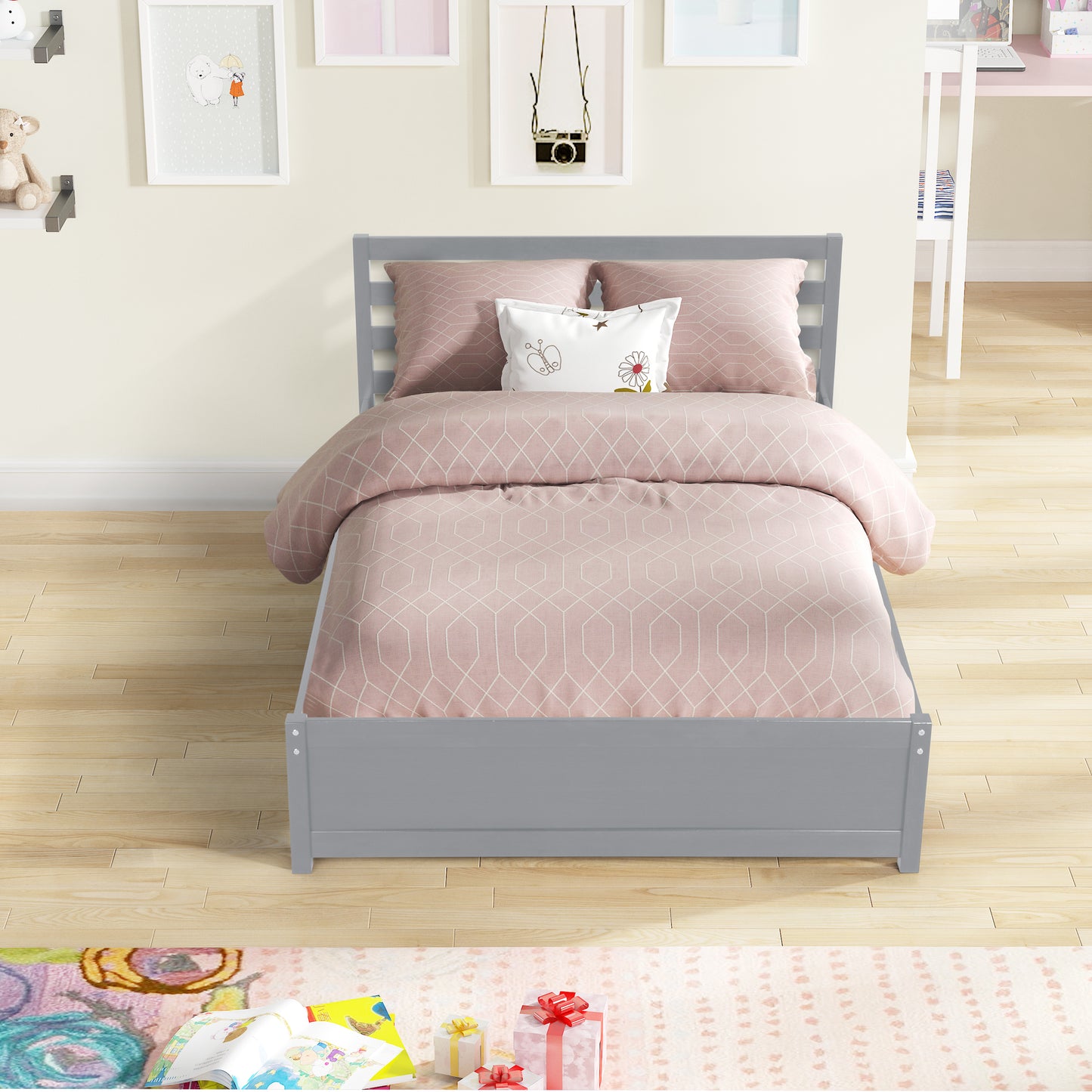 Amy Full Size Platform Bed Frame with Twin Trundle - Gray