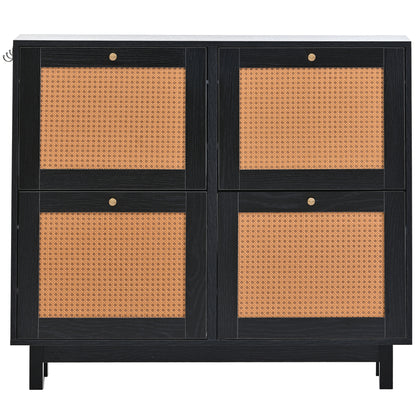 Rattan Boho Style Shoe Cabinet - Black