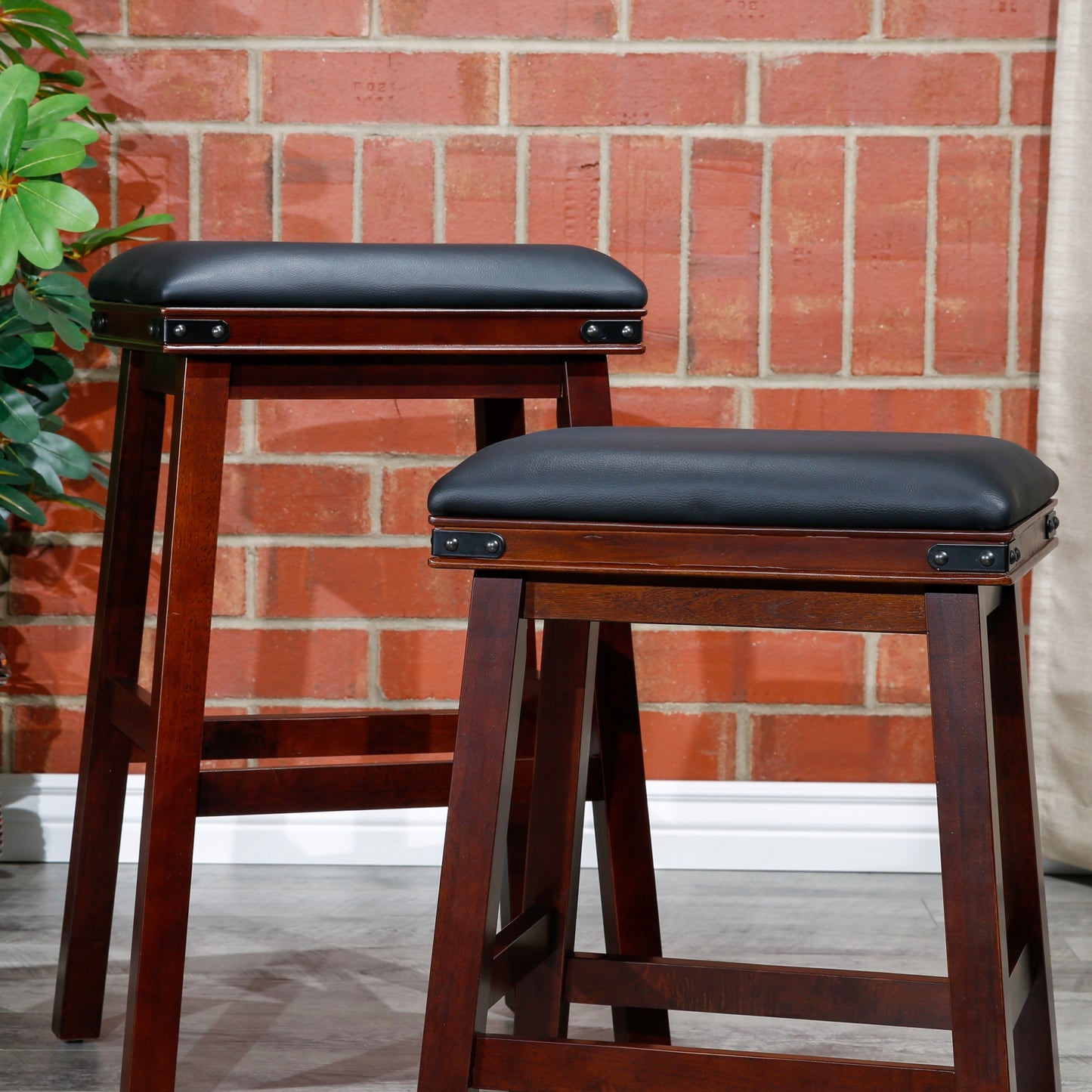 Flat Counter Stool  White Finish, Black Leather Seat