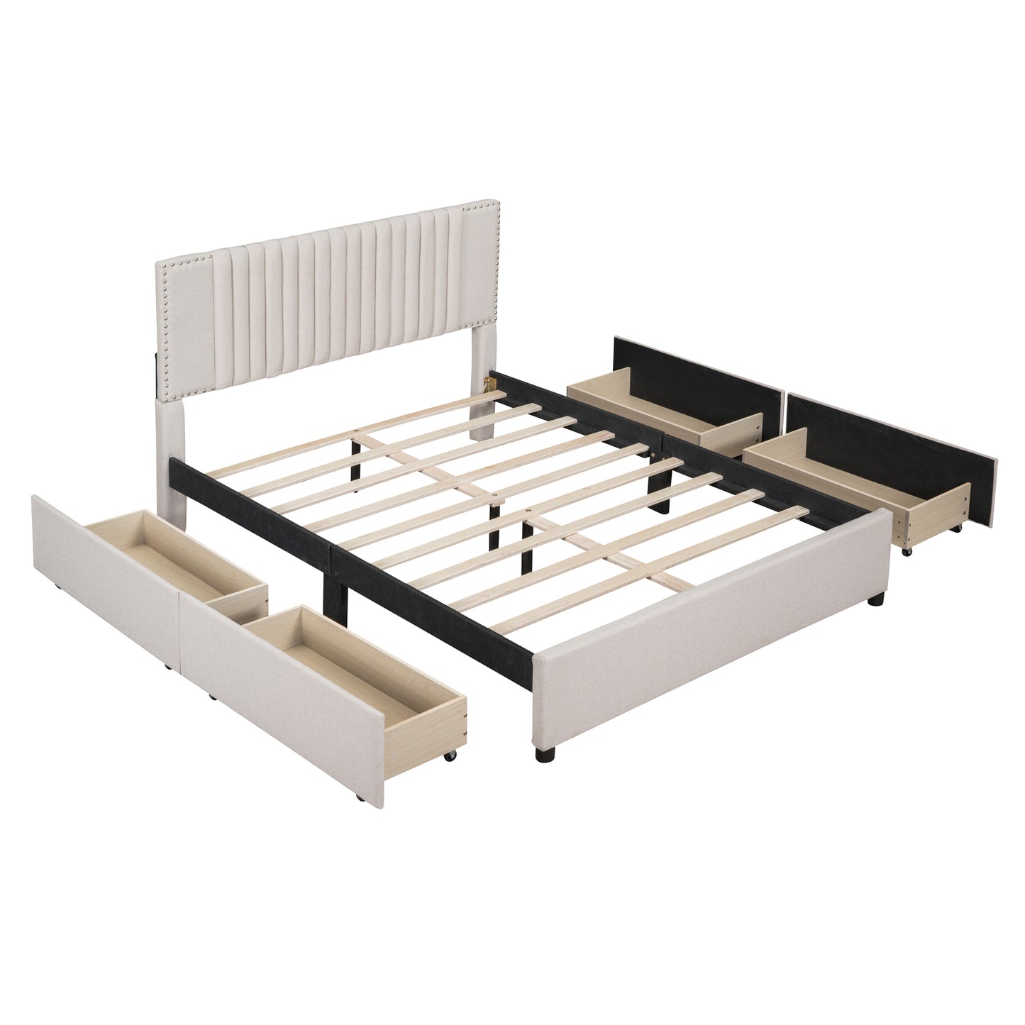 Novy Queen Size Platform Bed with Twin XL Size Trundle - Beige