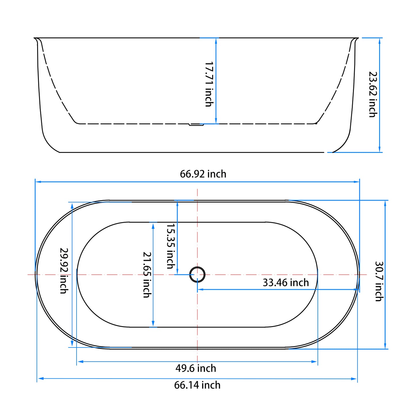 Double Ended 67'' Oval Acrylic  Freestanding Soaking Tub - White+Gray