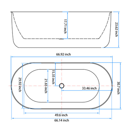 Double Ended 67'' Oval Acrylic  Freestanding Soaking Tub - White+Gray