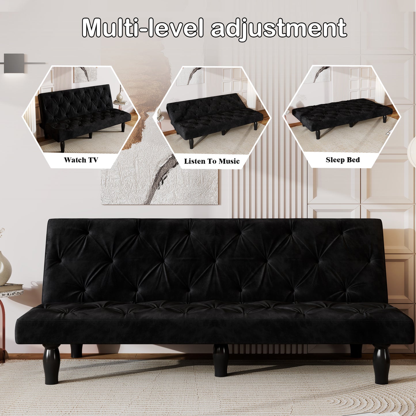 Giza Convertible Velvet Sofa Bed - Green - Matt Black