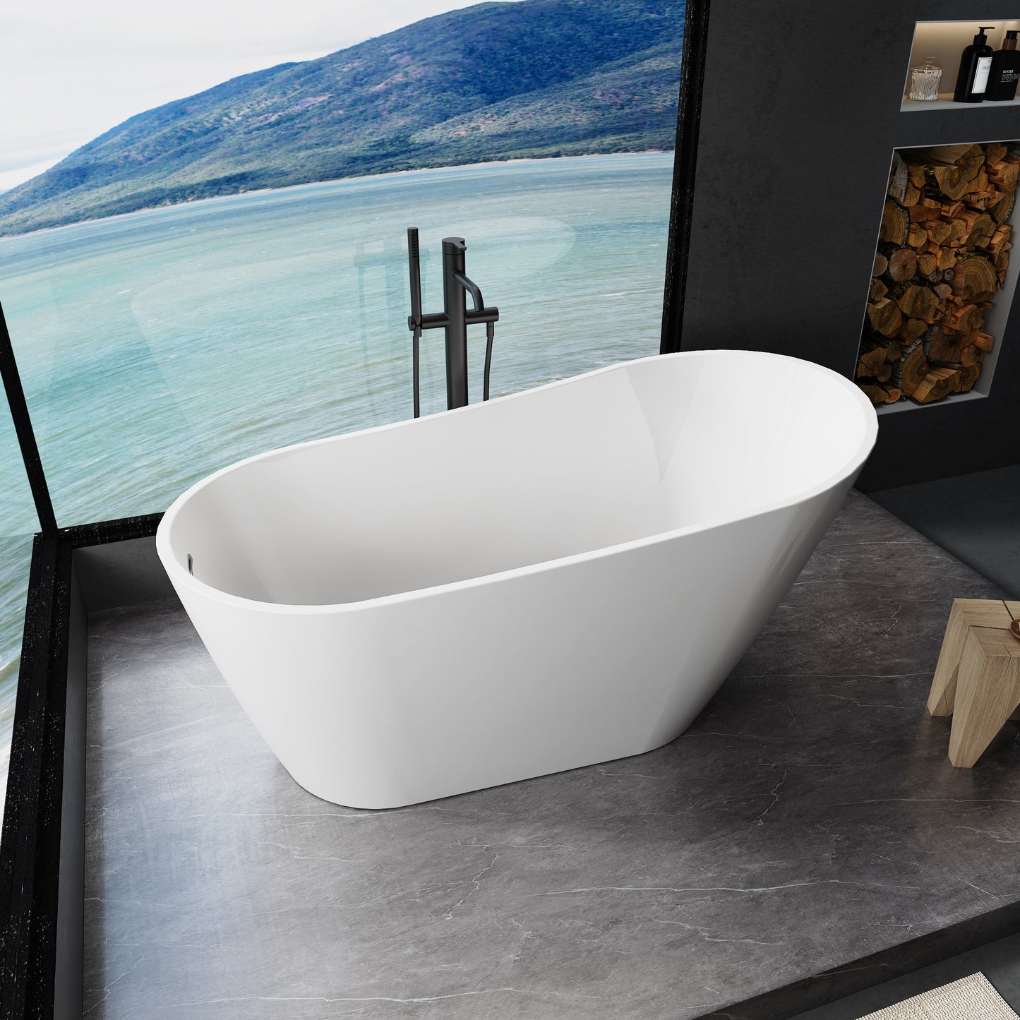 Kriss 59" Acrylic Freestanding Bathtub with Bottom Anti-Slip  - Gloss White