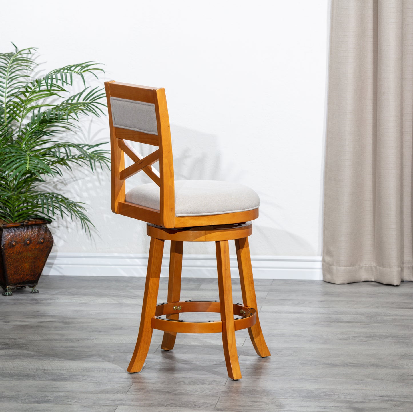 Counter Height X-Back Swivel Stool, Natural Finish, Beige Fabric Seat
