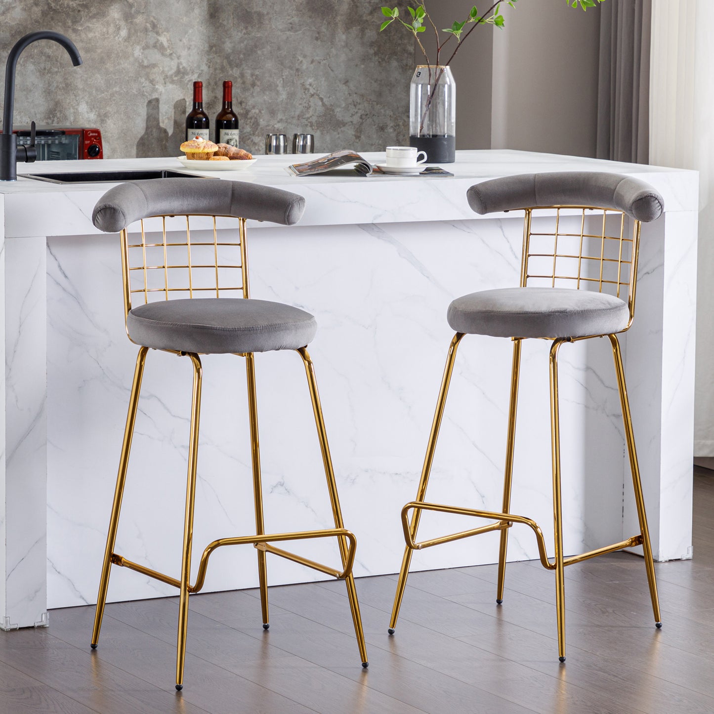Retro Luxury Velvet  High Bar Stool  - Gray Set of 2
