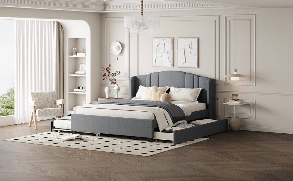 Mali Queen Size Platform Bed with Wingback Headboard - Gray