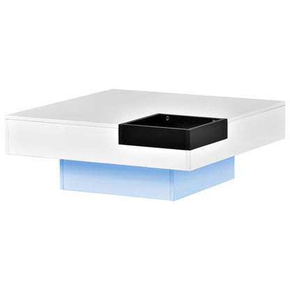 Square Coffee Table with Detachable Tray and LED Lights - White