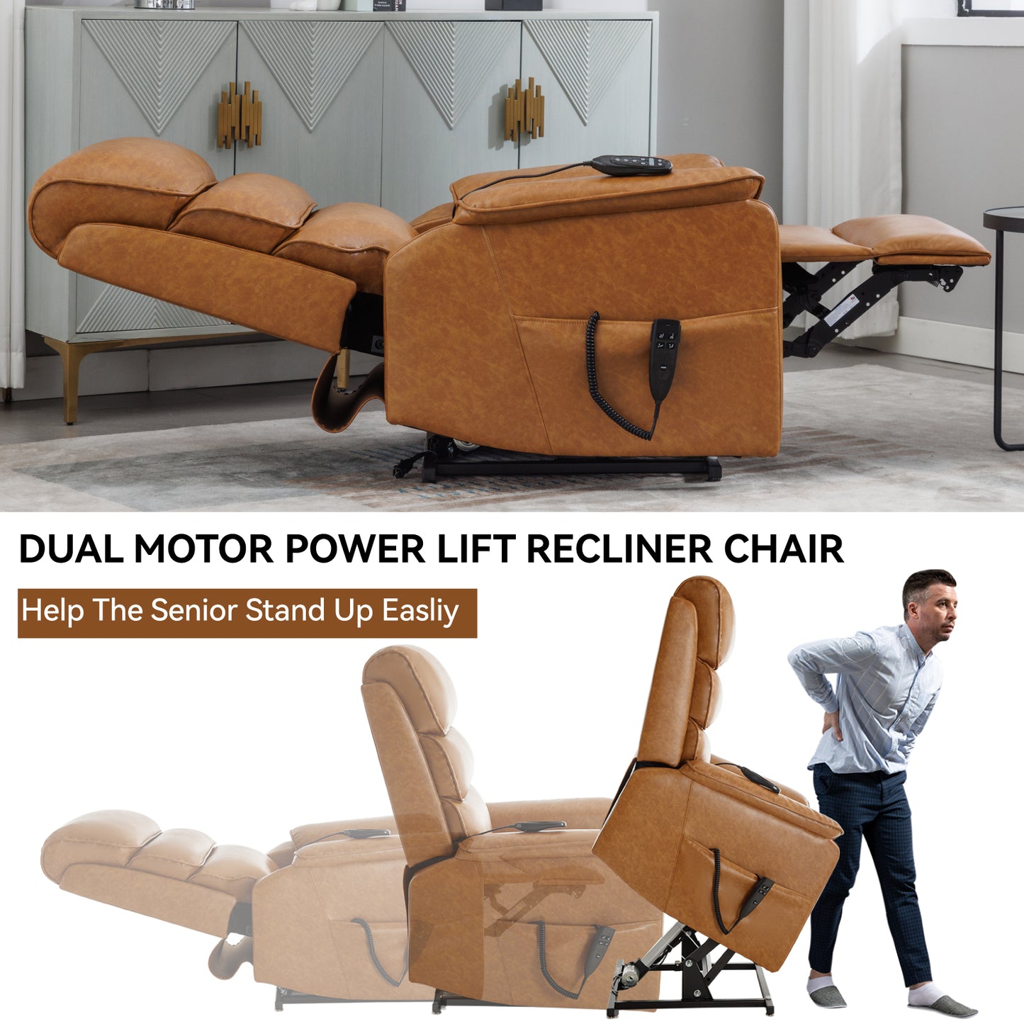 Hannah Power Lift Leather Recliner Chair with Heat Massage - Yellow Brown