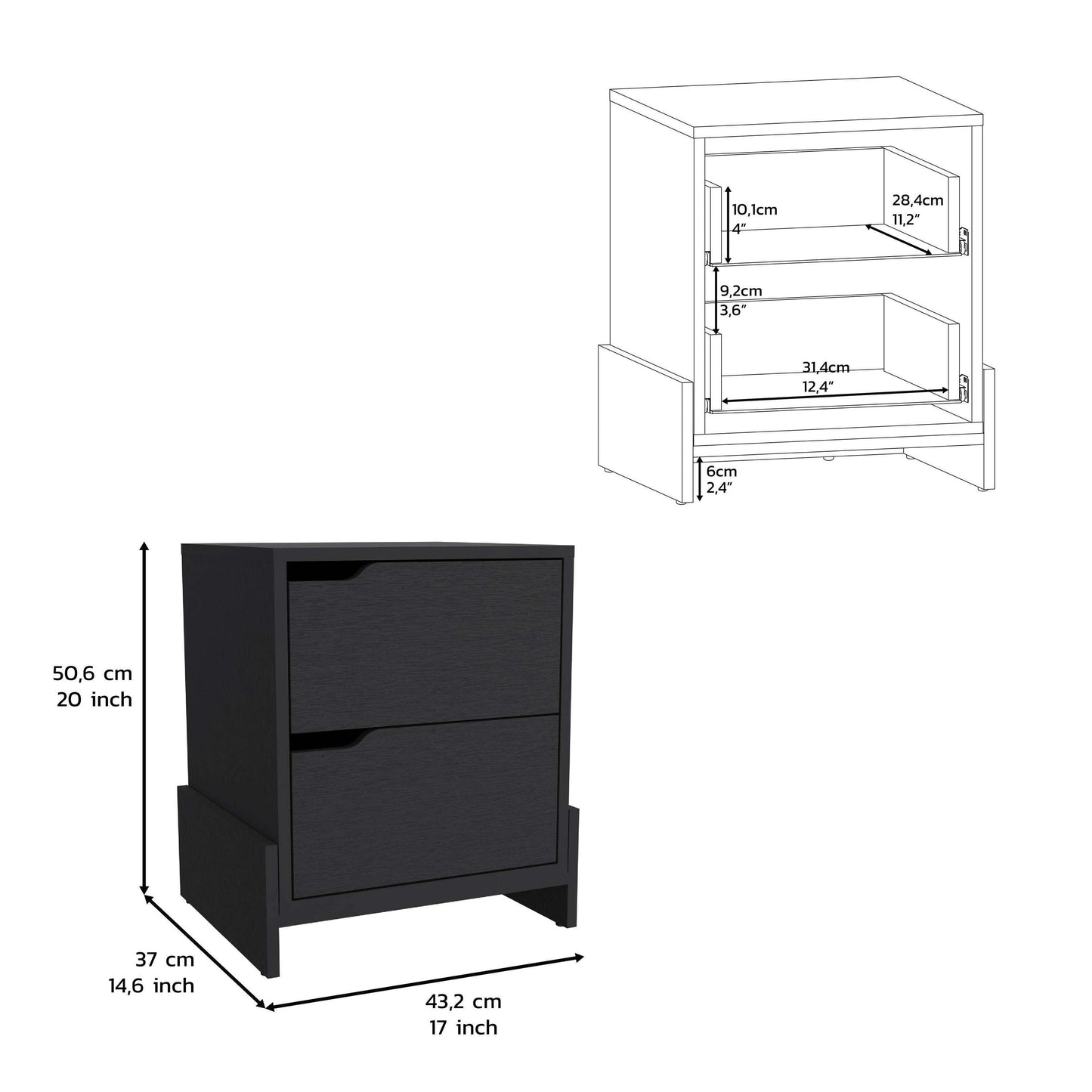 D2 Nightstand with 2-Drawers with Sturdy Base - Black