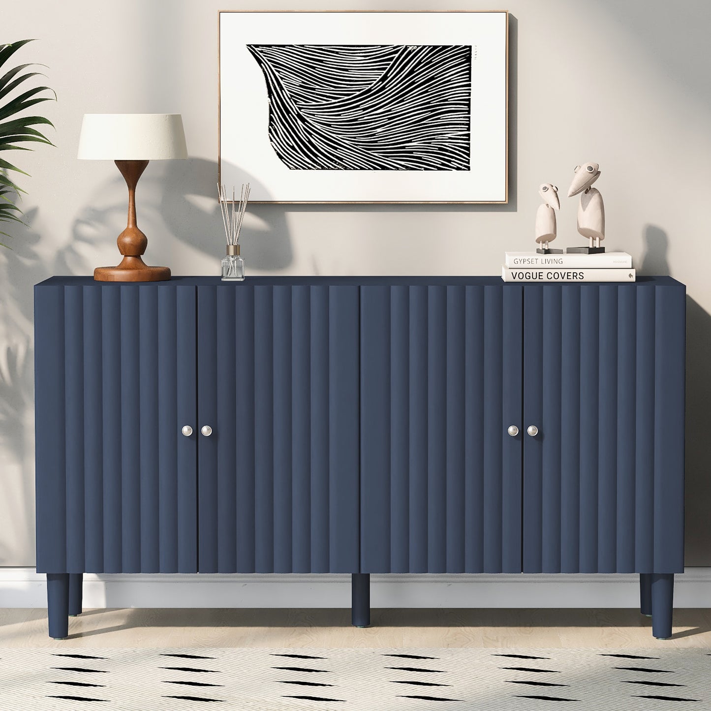 Butler Wavy Pattern Doors Sideboard Buffet - Navy Blue