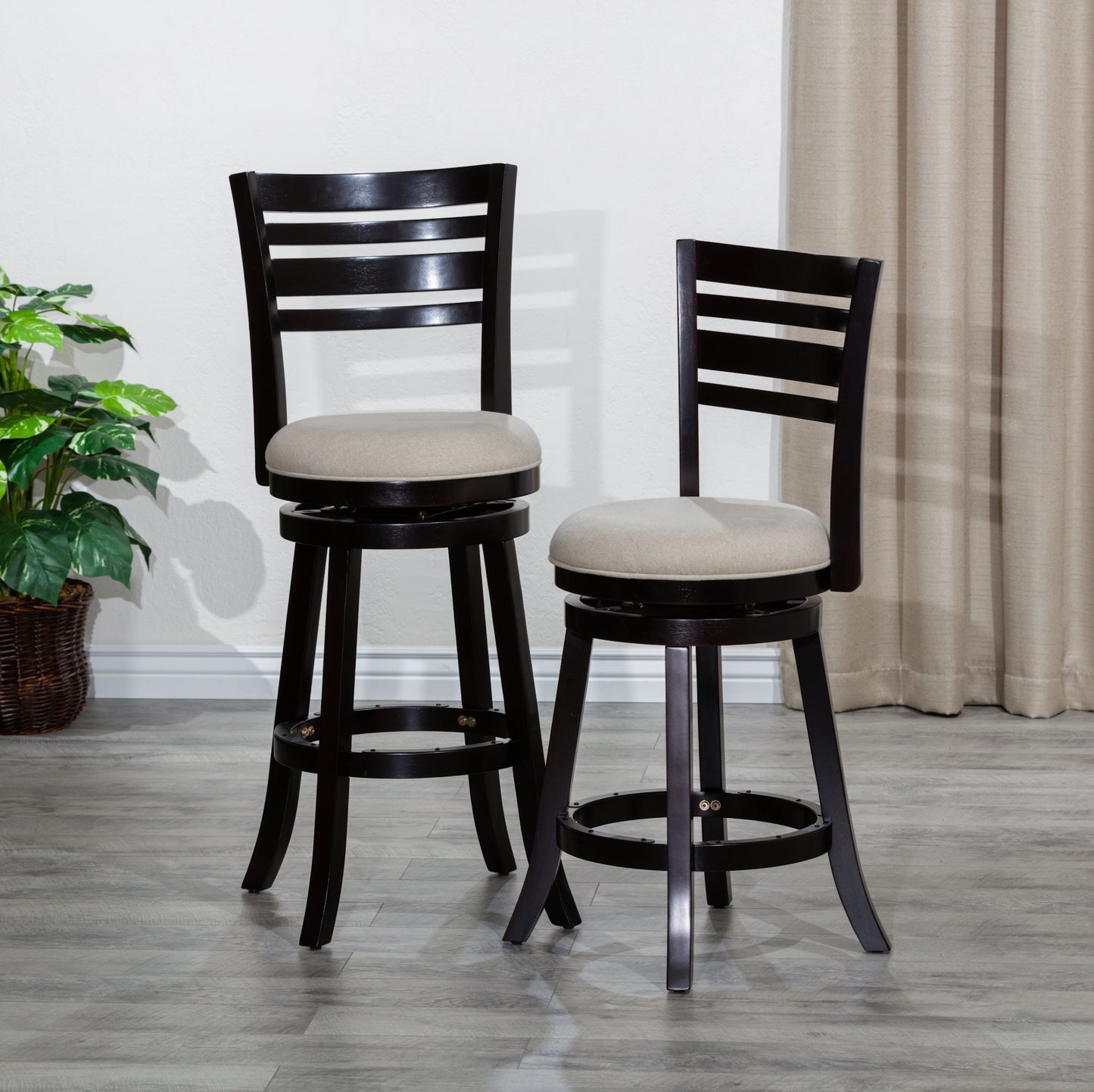 Counter Height Slat Back Swivel Stool, Espresso Finish, Beige Fabric Seat