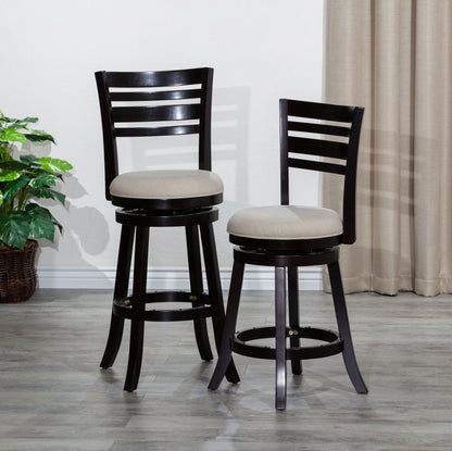 Counter Height Slat Back Swivel Stool, Espresso Finish, Beige Fabric Seat