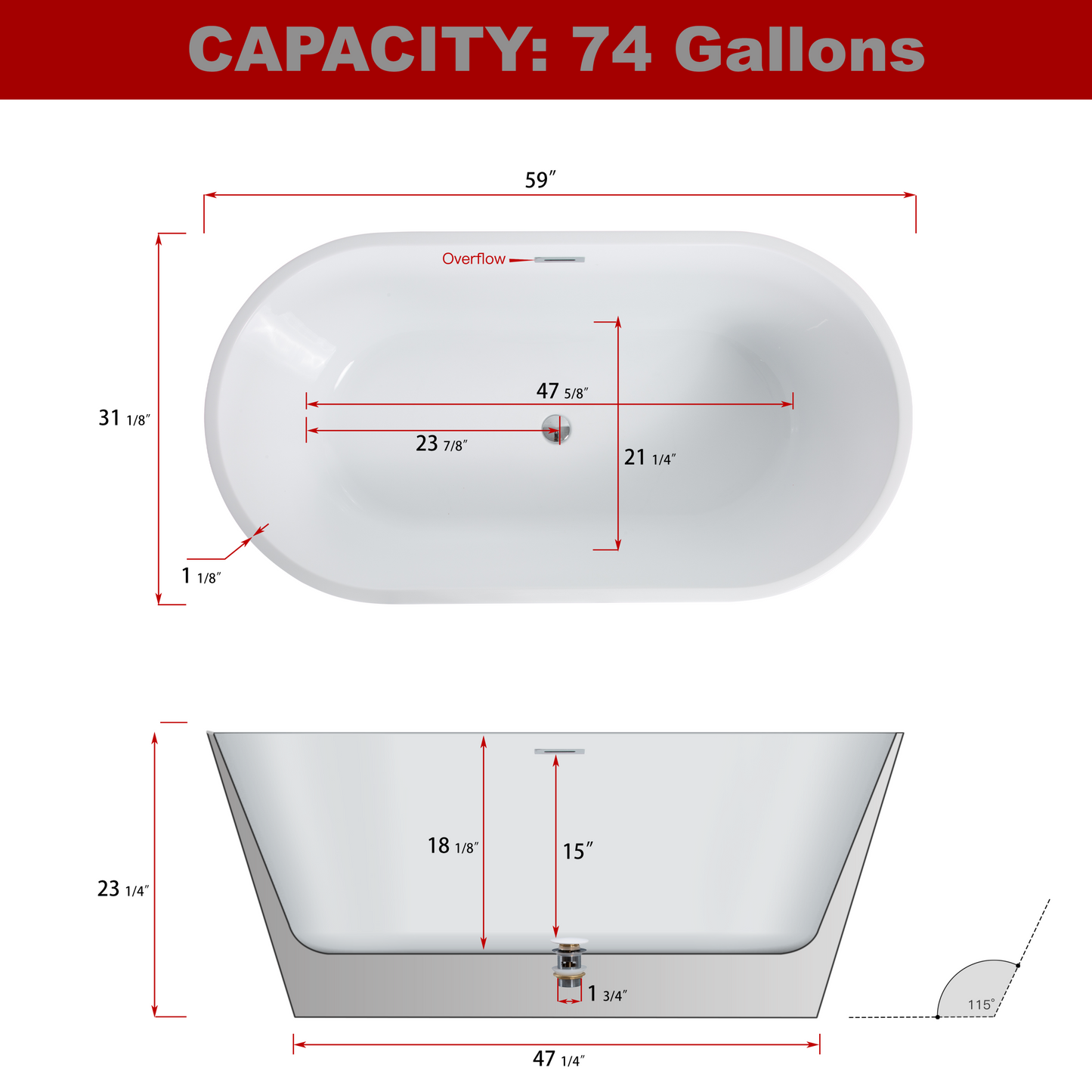 Milian 59" High-Gloss Acrylic Freestanding Soaking Bathtub - Black