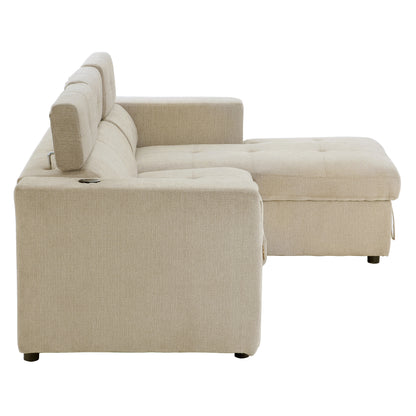 Tumic Pull-Out Sofa Bed L-Shape Sectional Sofa - Beige