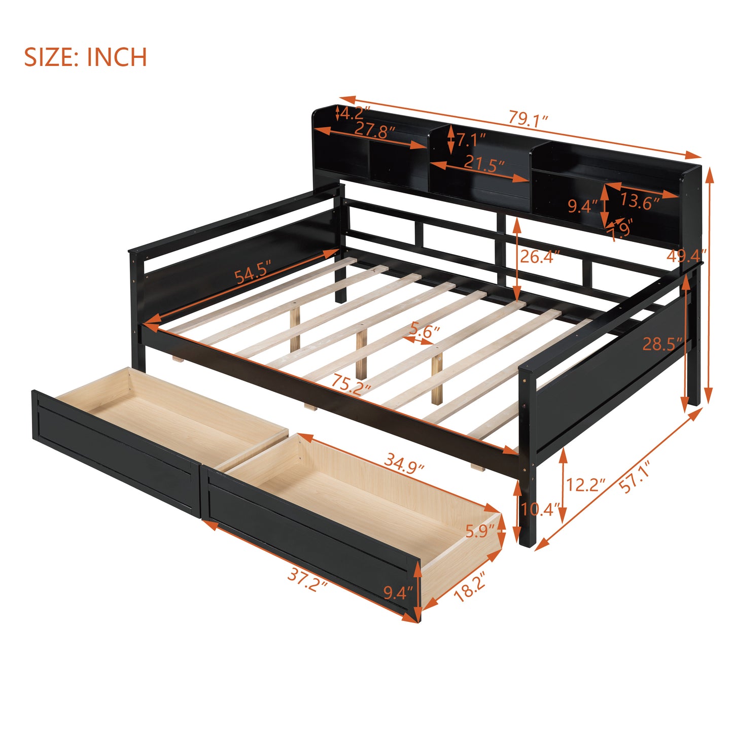 Ozi Full Size Metal Daybed with 2 Drawers - Espresso