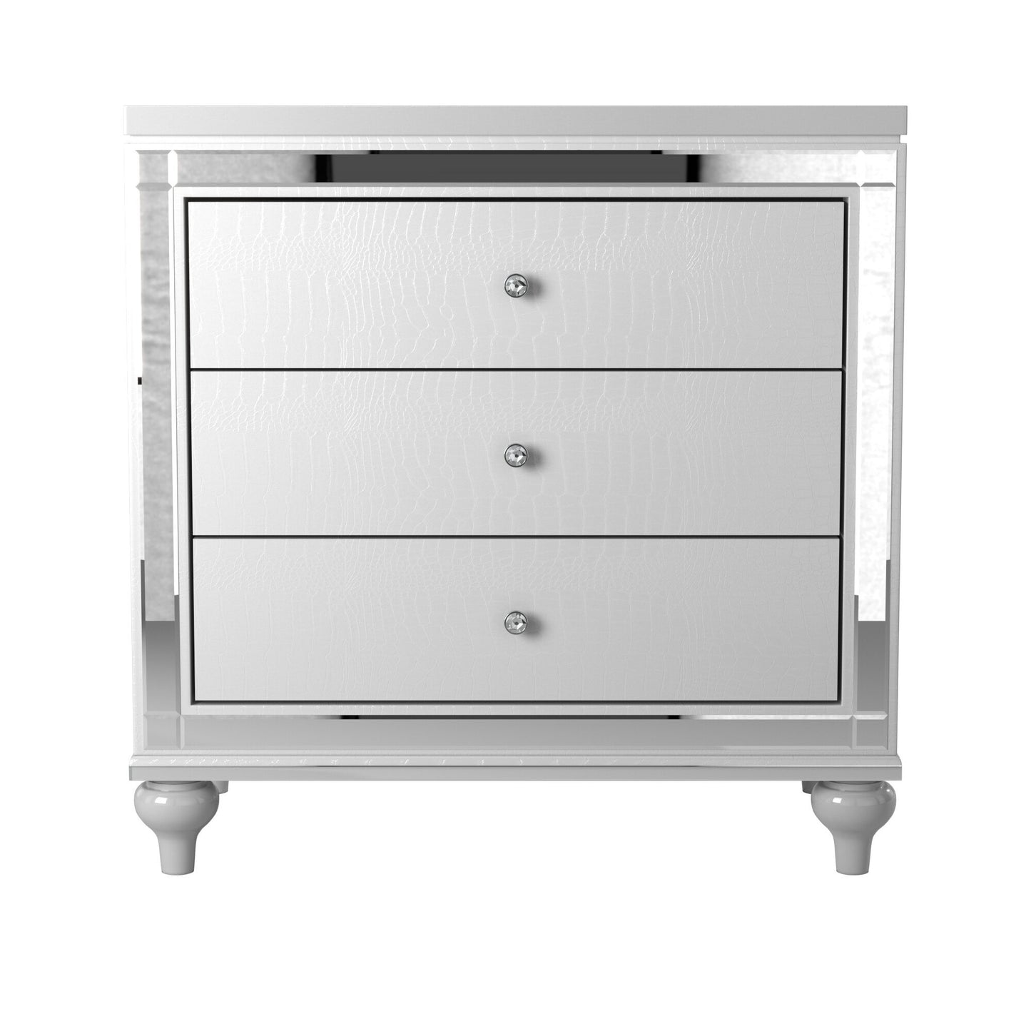Ken II Glamorous Metallic Nightstand of 3x Drawers  Faux Alligator Embossed Front - White