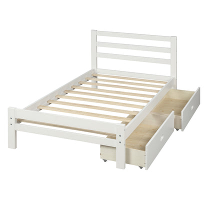 Cyril Twin Size Wood Platform Bed with Dual Drawers - White