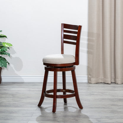 Counter Height Slat Back Swivel Stool, Cherry Finish, Beige Fabric Seatq