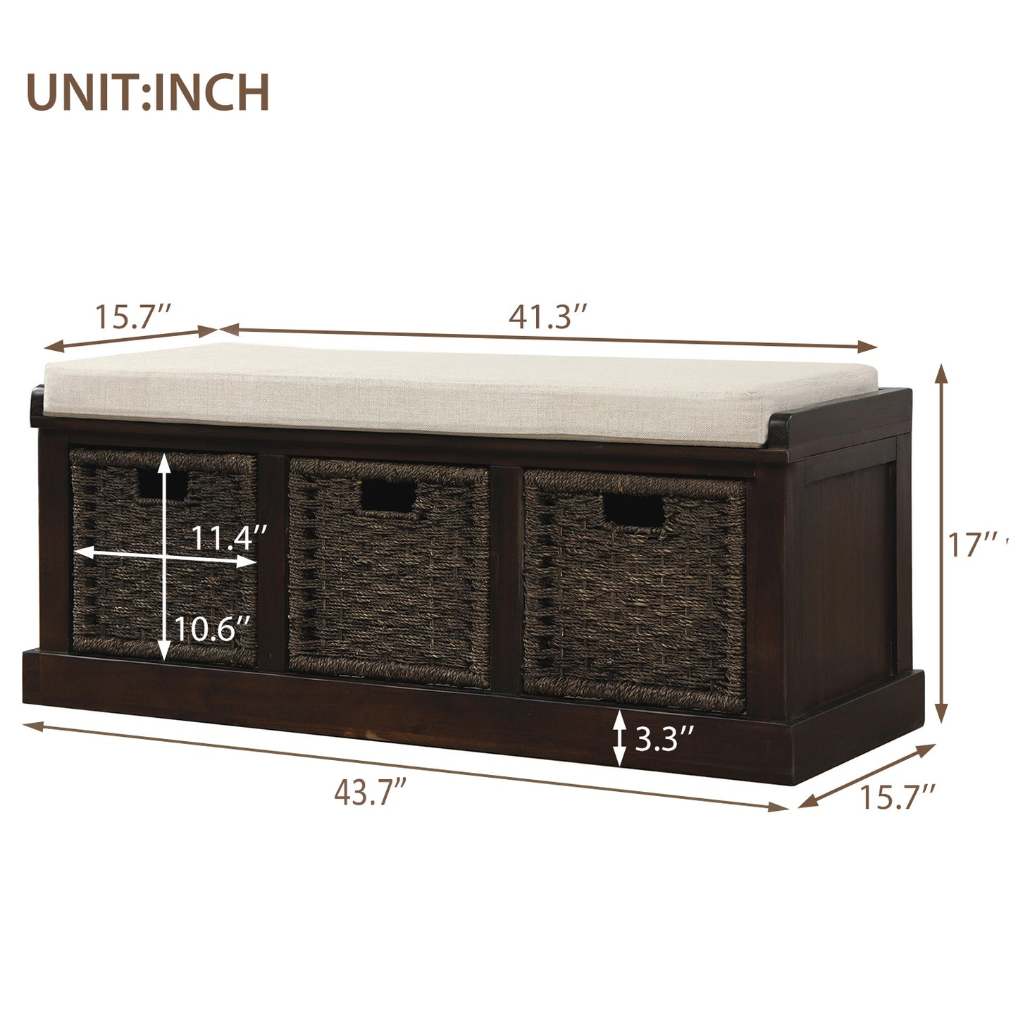 Bella Storage Bench with 3 Removable Classic Rattan Basket - Espresso
