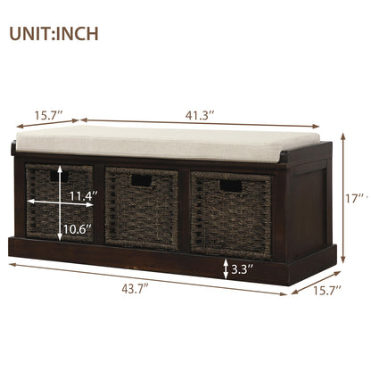 Bella Storage Bench with 3 Removable Classic Rattan Basket - Espresso