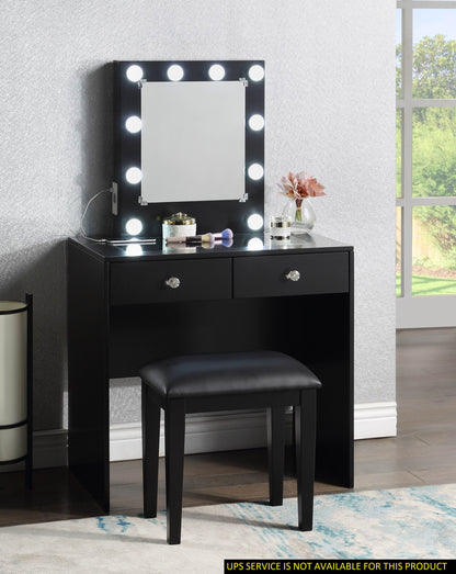 Skyla Makeup Vanity and Stool Set with 10 Lights - Black