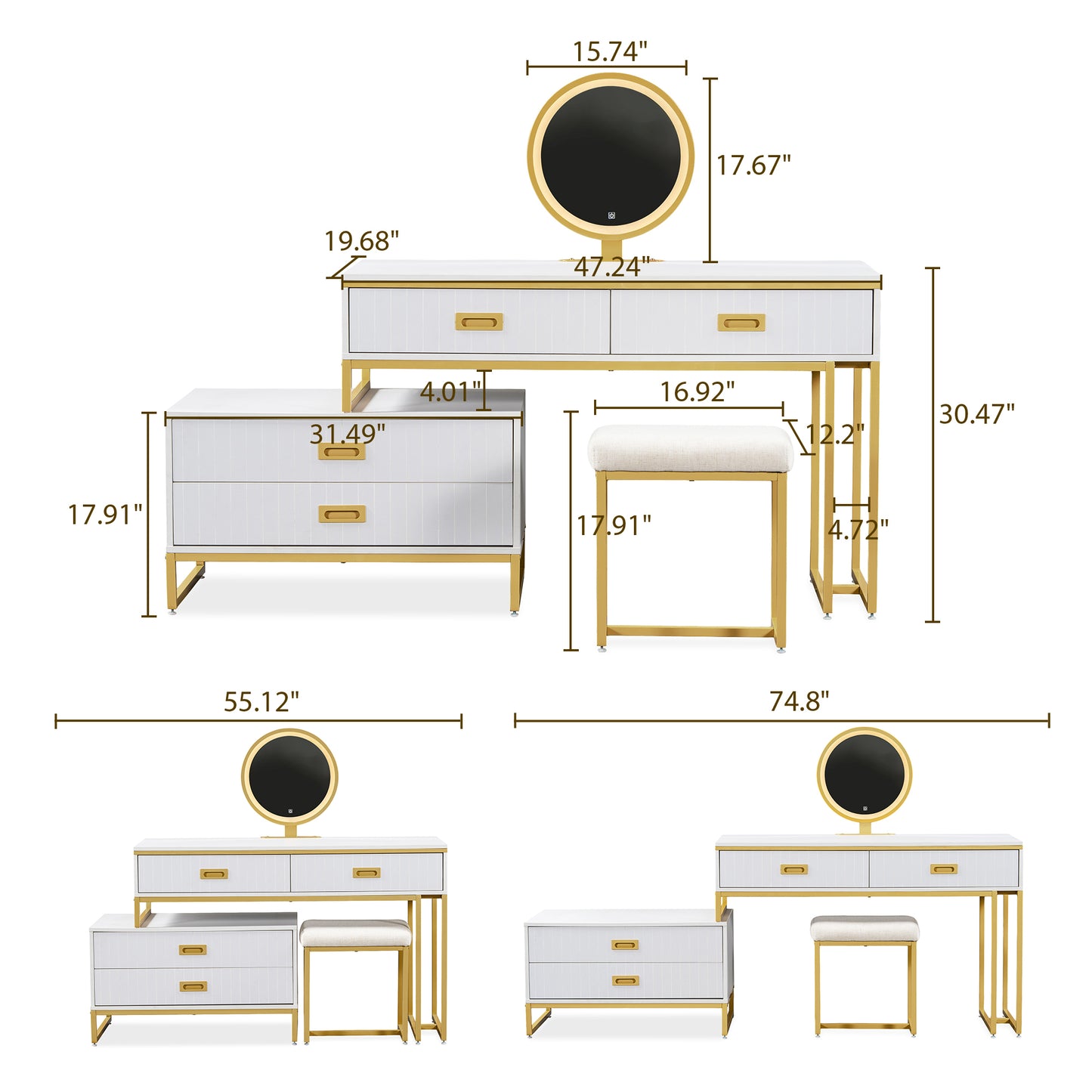 Eden Makeup Vanity Set With With Movable Side Cabinet
