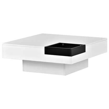 Square Coffee Table with Detachable Tray and LED Lights - White