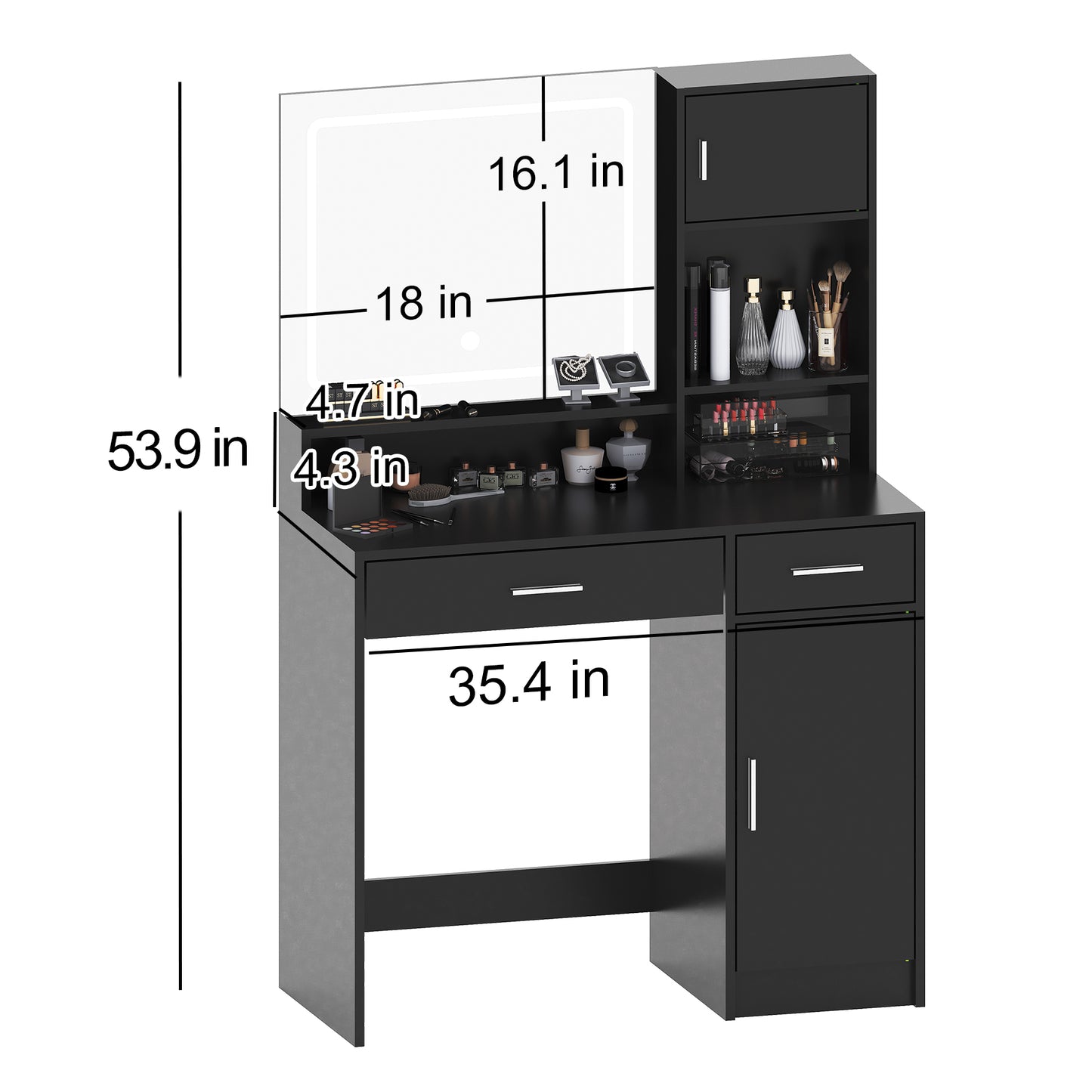 Alyssa Vanity Desk with Mirror and LED Light Strip - Black