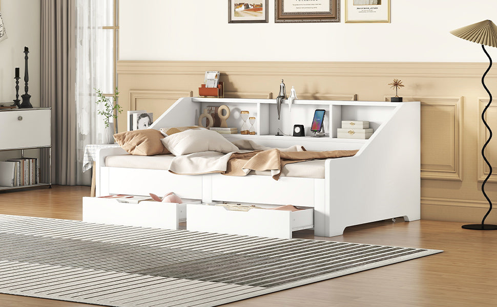 Zion Twin to King Size Daybed  with Storage Bookcases - White