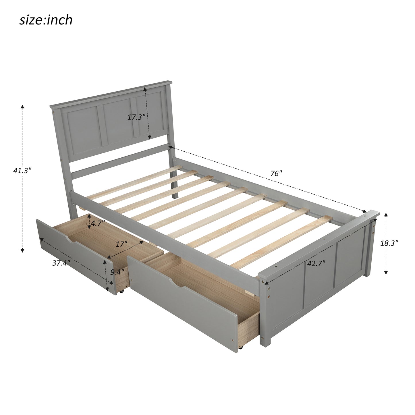 Iso Twin Size Platform Bed with 2 under-bed drawers - Gray