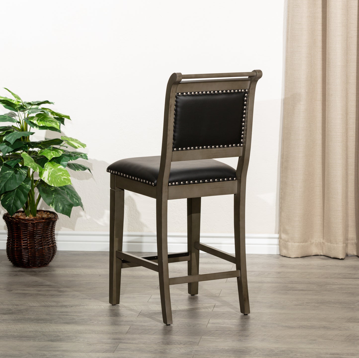 Viva Counter Stool, Weathered Gray Finish, Black Leather Seat