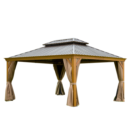 Shana 12 X 16 ft Hardtop Gazebo Outdoor Wooden Grain Coated Aluminum  - Yellow Brown