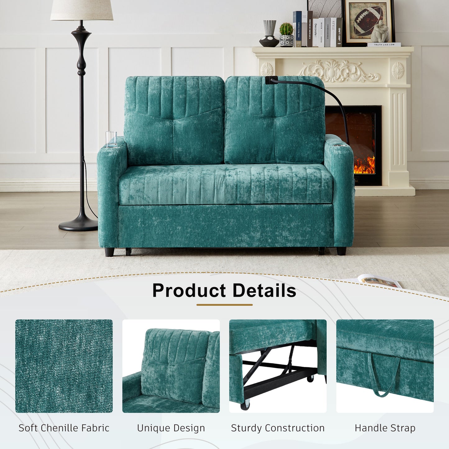 Rita Loveseat Pull-out Sofa Bed with Adjustable Backrest - Teal