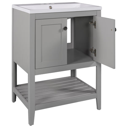 Sleek  Vanity Elegant Ceramic Sink with Solid Wood Frame - Gray
