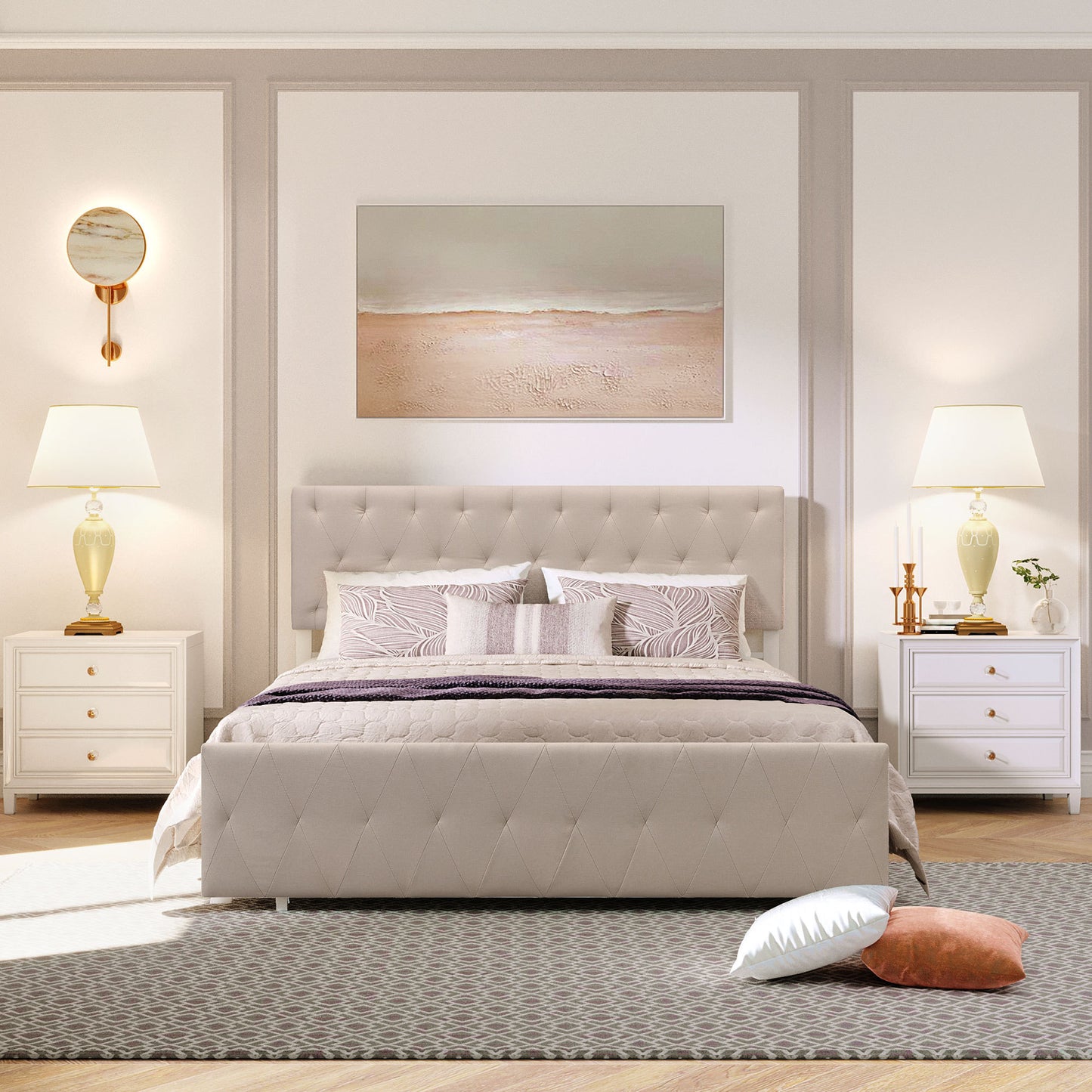 Apex Queen Size Storage Bed Metal Platform Bed with Drawer - Beige
