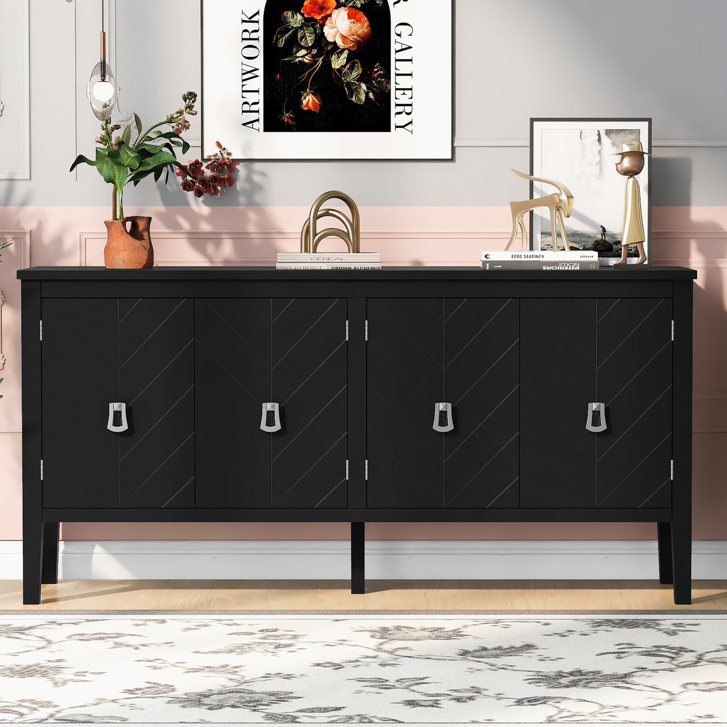 Briony Geometric Line Patterns Sideboard Buffet - Black