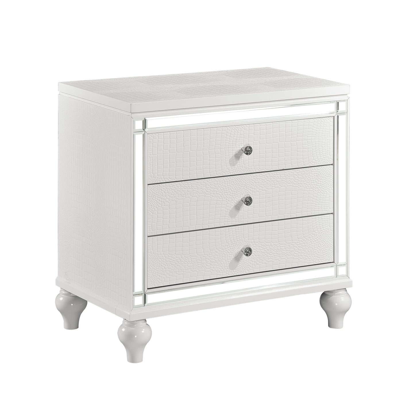 Ken II Glamorous Metallic Nightstand of 3x Drawers  Faux Alligator Embossed Front - White