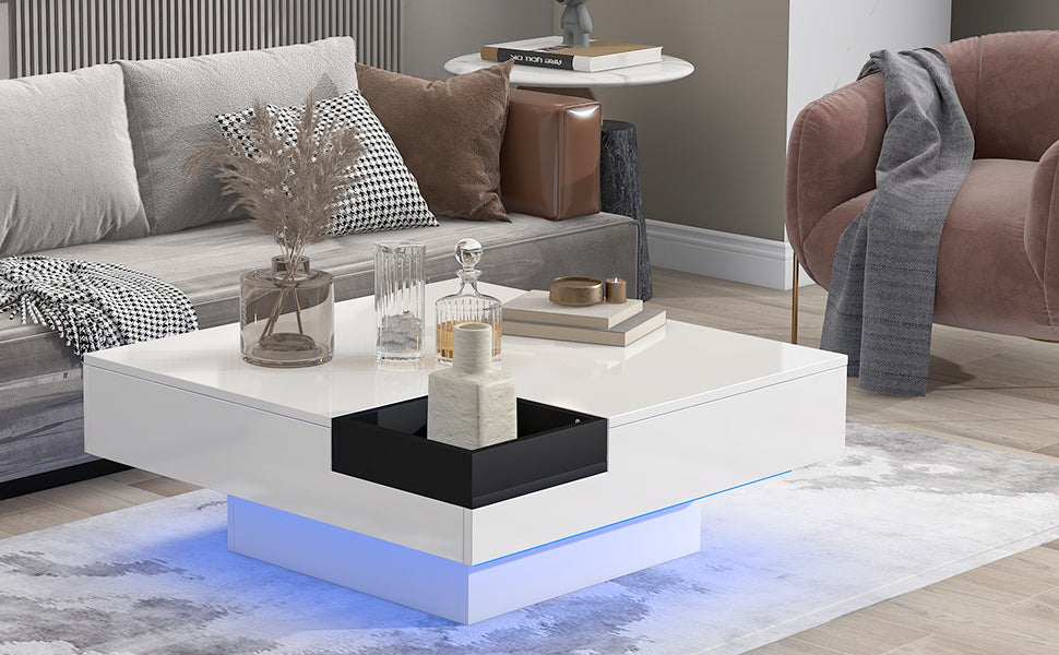 Square Coffee Table with Detachable Tray and LED Lights - White