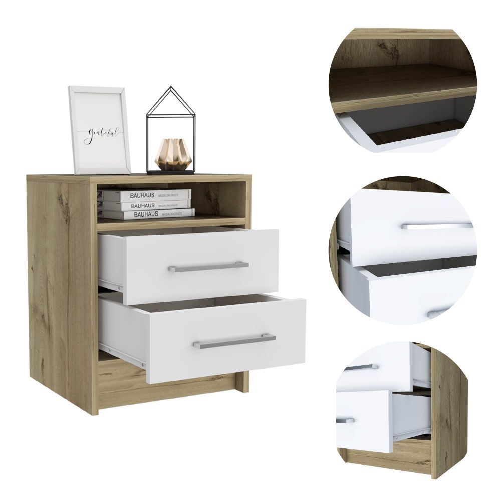 Eter Nightstand Two Drawers - White / Light Oak