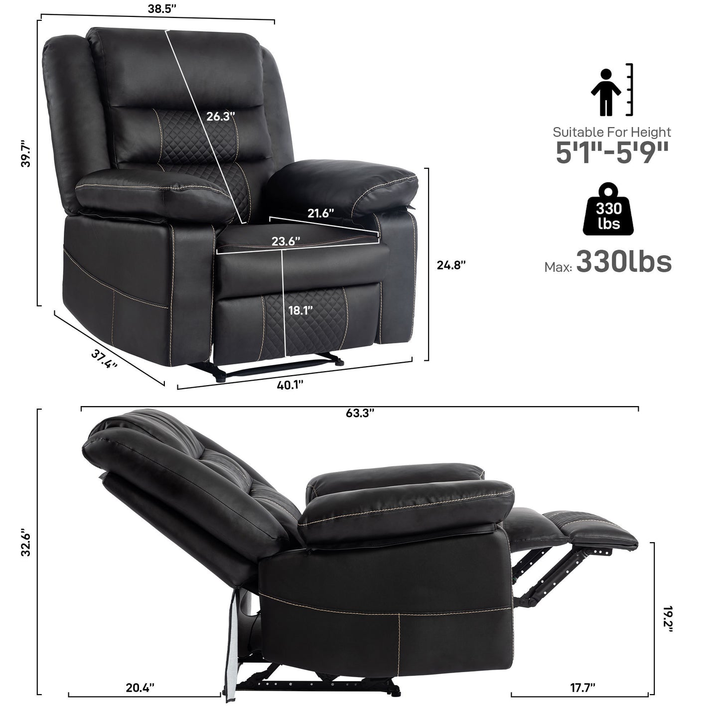 Thorne Leather Massage Recliner - Black