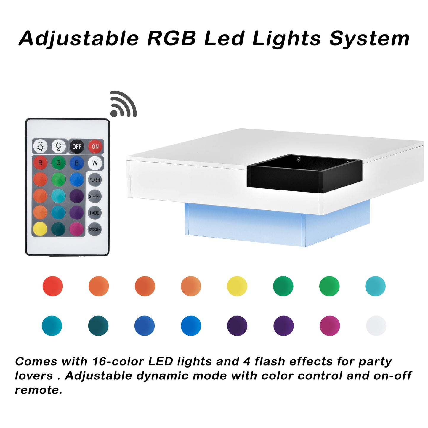 Square Coffee Table with Detachable Tray and LED Lights - White