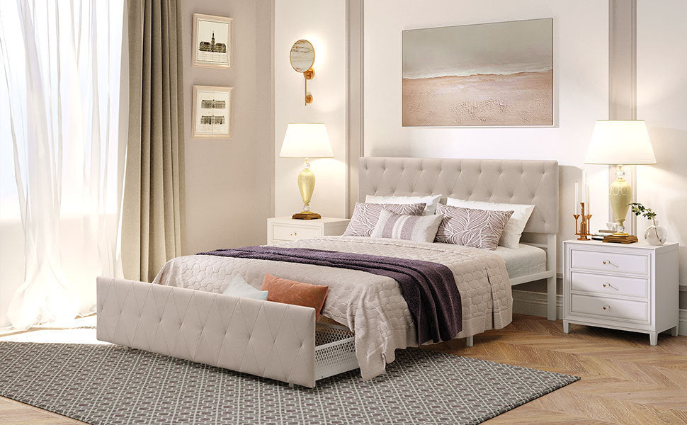 Apex Queen Size Storage Bed Metal Platform Bed with Drawer - Beige