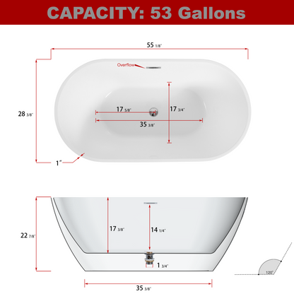 Sleek  55 " Acrylic Freestanding Soaking Bathtub - White