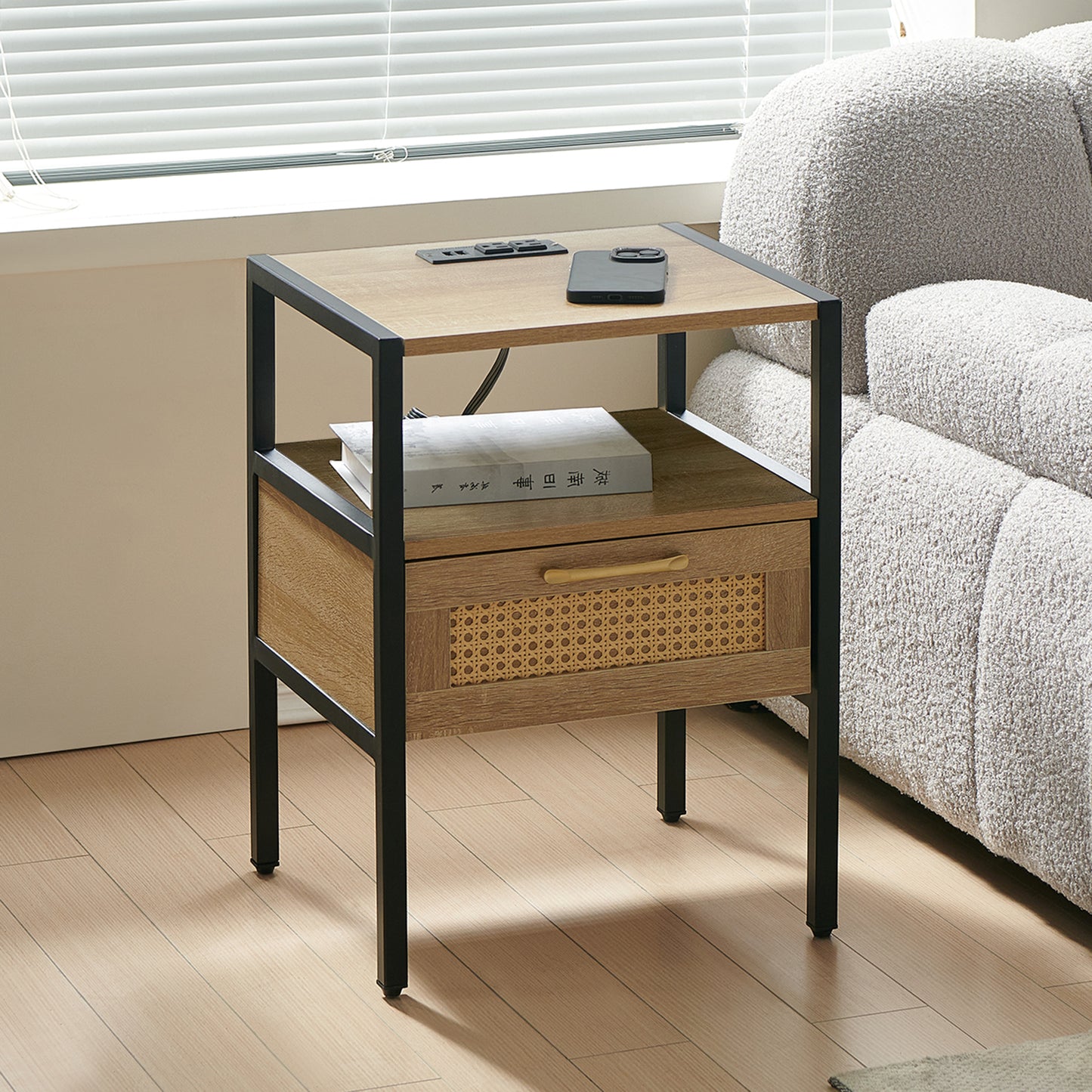 Mena II Rattan Nightstand  with Power Outlet & USB Ports ( Set of 2) - Natural