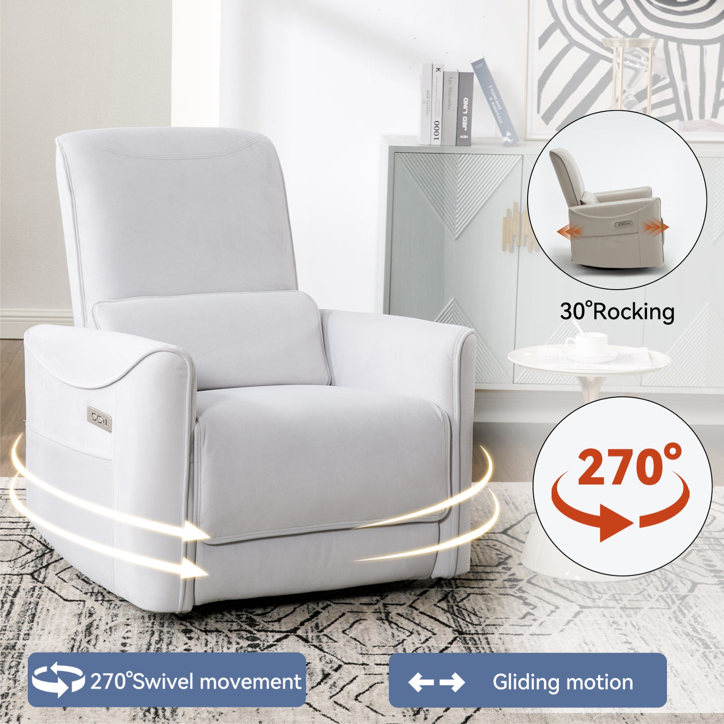 Spencer Swivel and Rocker Power Recliner Chair - White