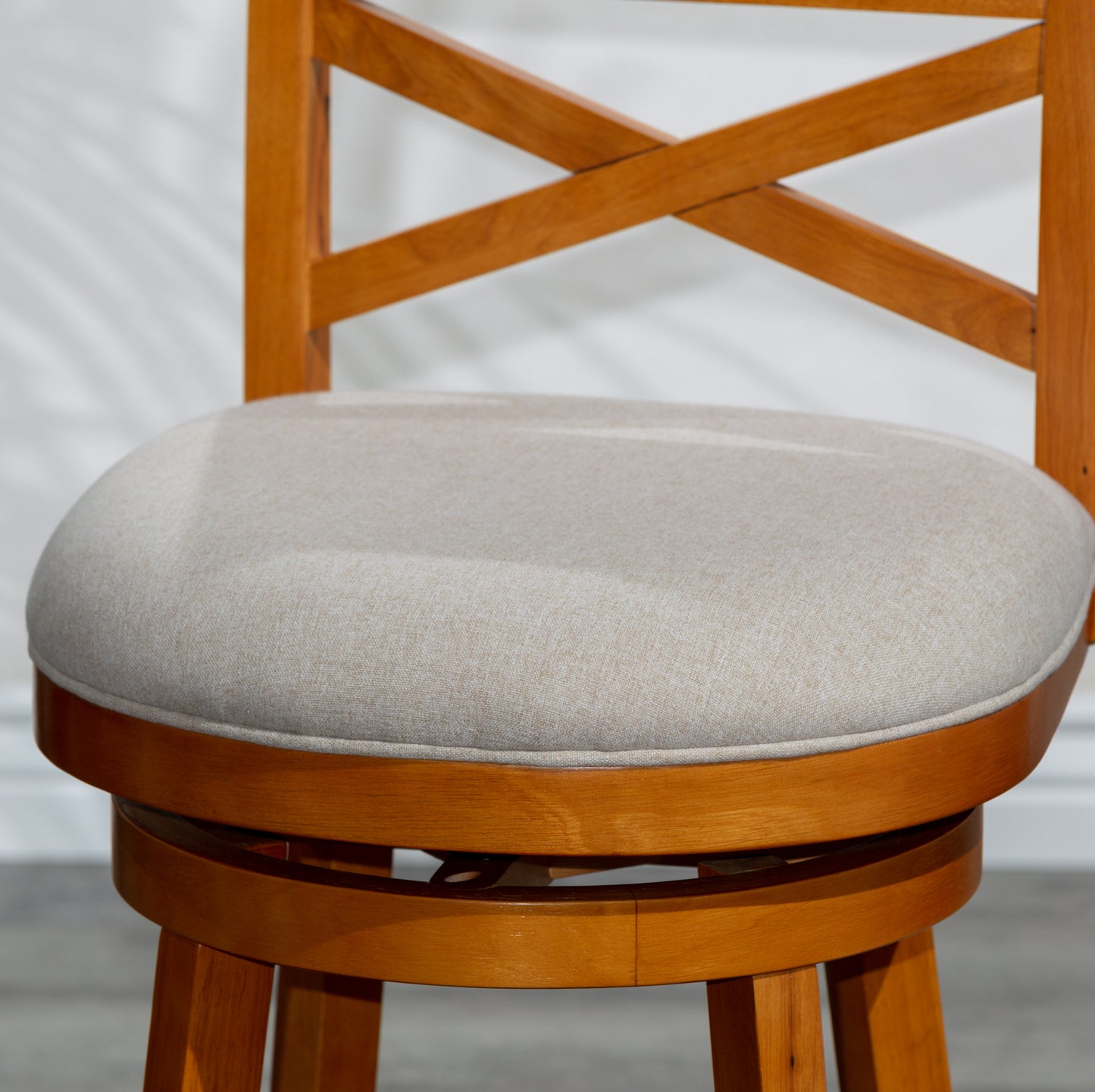 Counter Height X-Back Swivel Stool, Natural Finish, Beige Fabric Seat