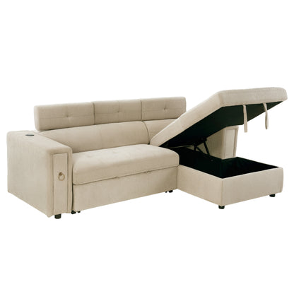 Tumic Pull-Out Sofa Bed L-Shape Sectional Sofa - Beige