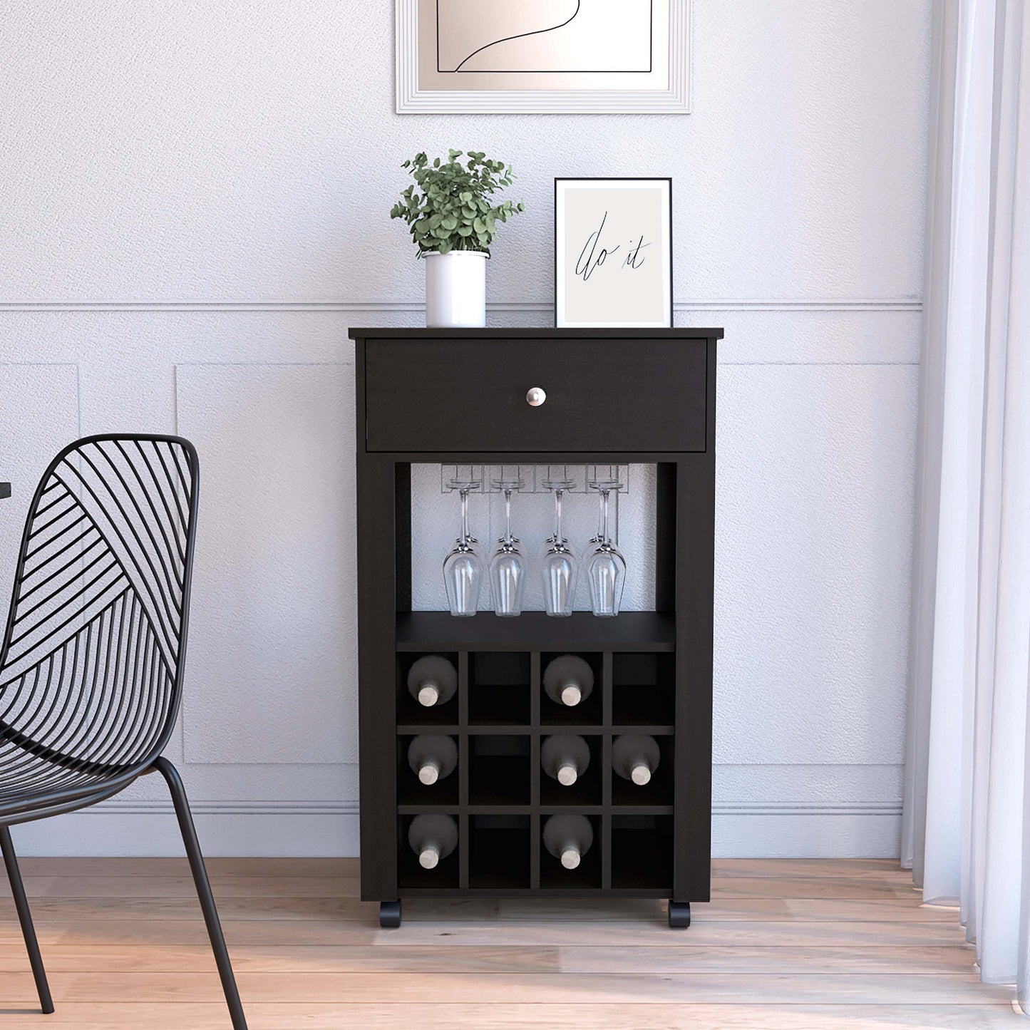 Minta Bar Cabinet With 2 Side Shelves - Black