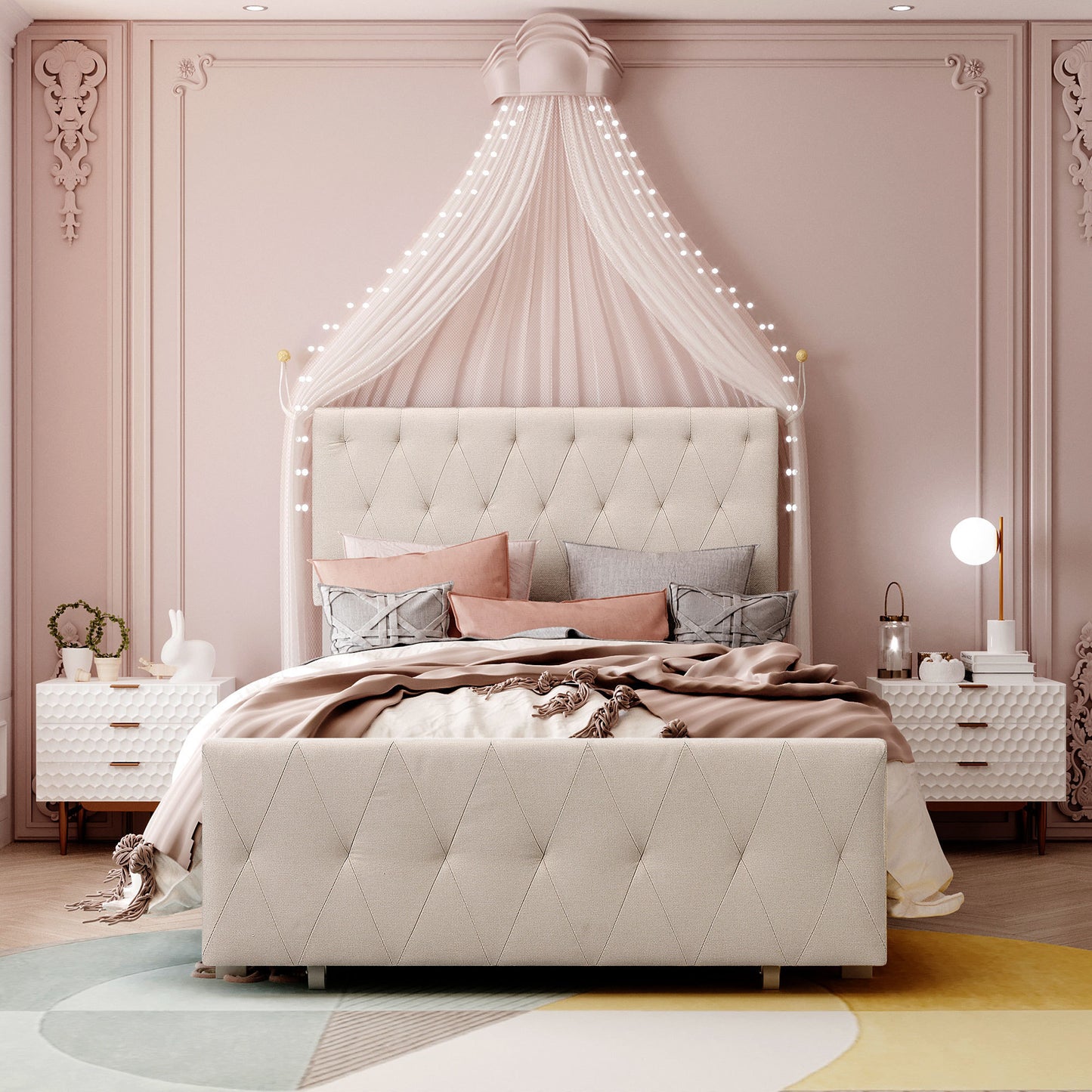 Apex Twin Size Storage Bed Metal Platform Bed with Drawer - Beige
